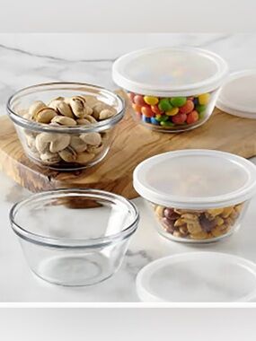 Anchor Hocking Clear Glass Prep Bowls/custard cups 4ct set  w/ Lids